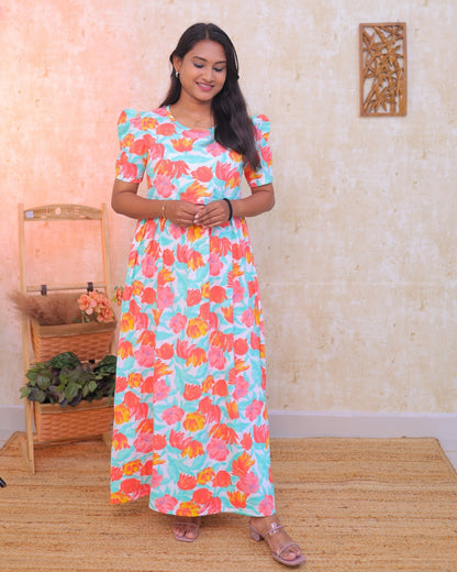 Charming v2 | Zipless Maternity Dress - Puff Sleeves | Full Length Maxi