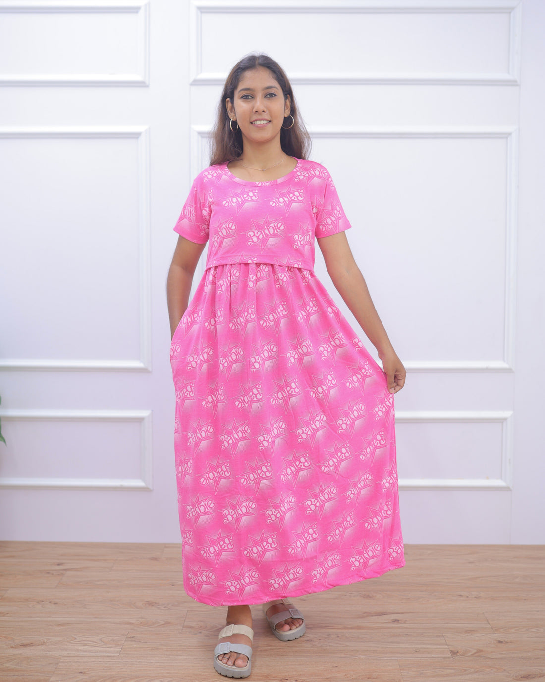 Barbie Pink | Zipless Maternity Dress - Normal Sleeves | Full Length