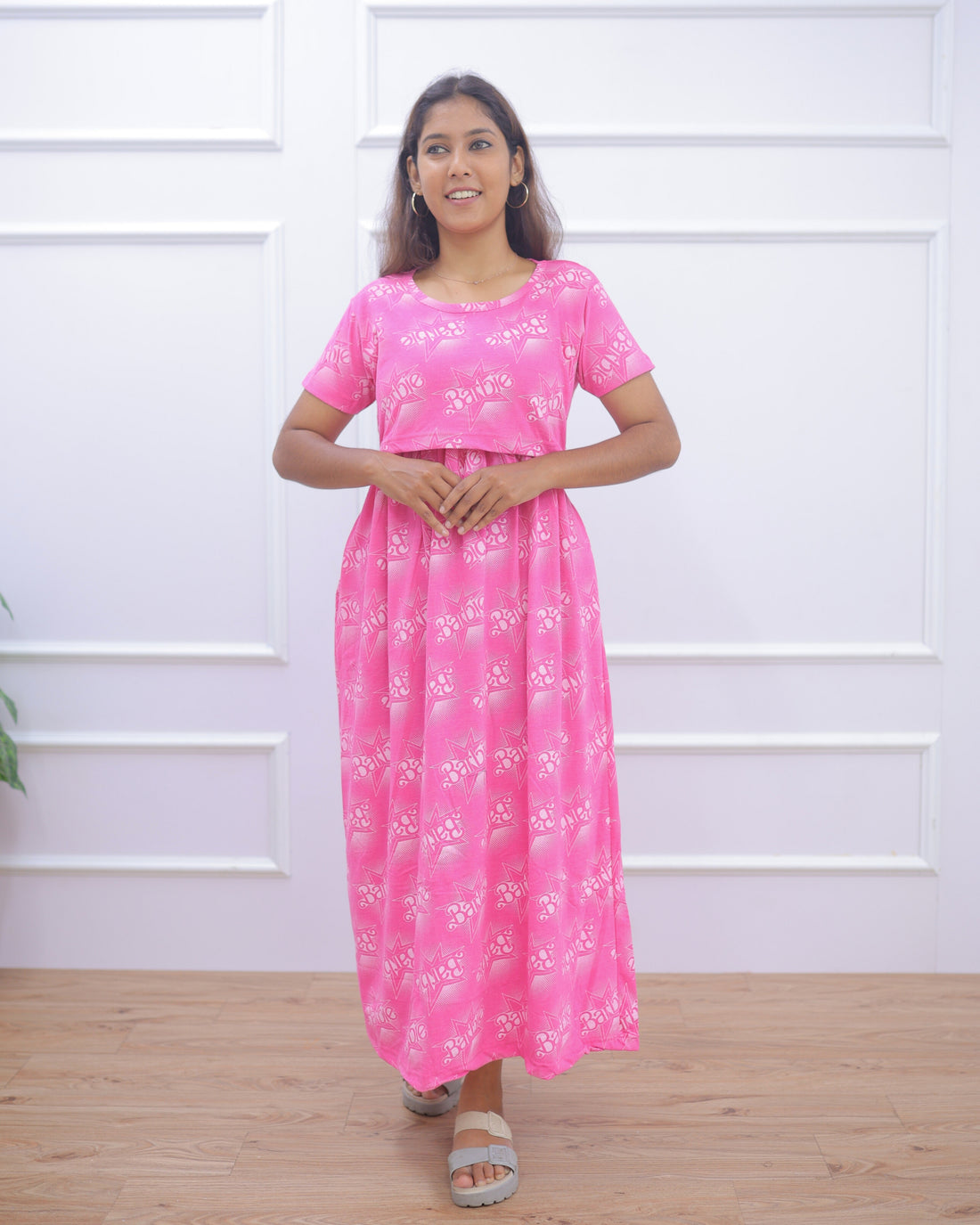Barbie Pink | Zipless Maternity Dress - Normal Sleeves | Full Length