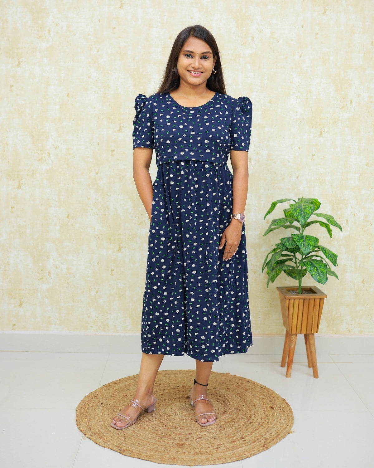 Navy Mist | Zipless Maternity Dress - Puff Sleeves | Calf Length