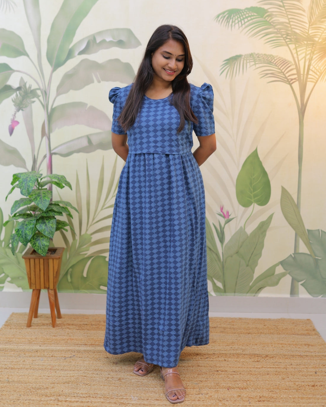 Shree | Zipless Maternity Dress - Puff Sleeves | Full Length Maxi