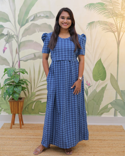 Shree | Zipless Maternity Dress - Puff Sleeves | Full Length Maxi