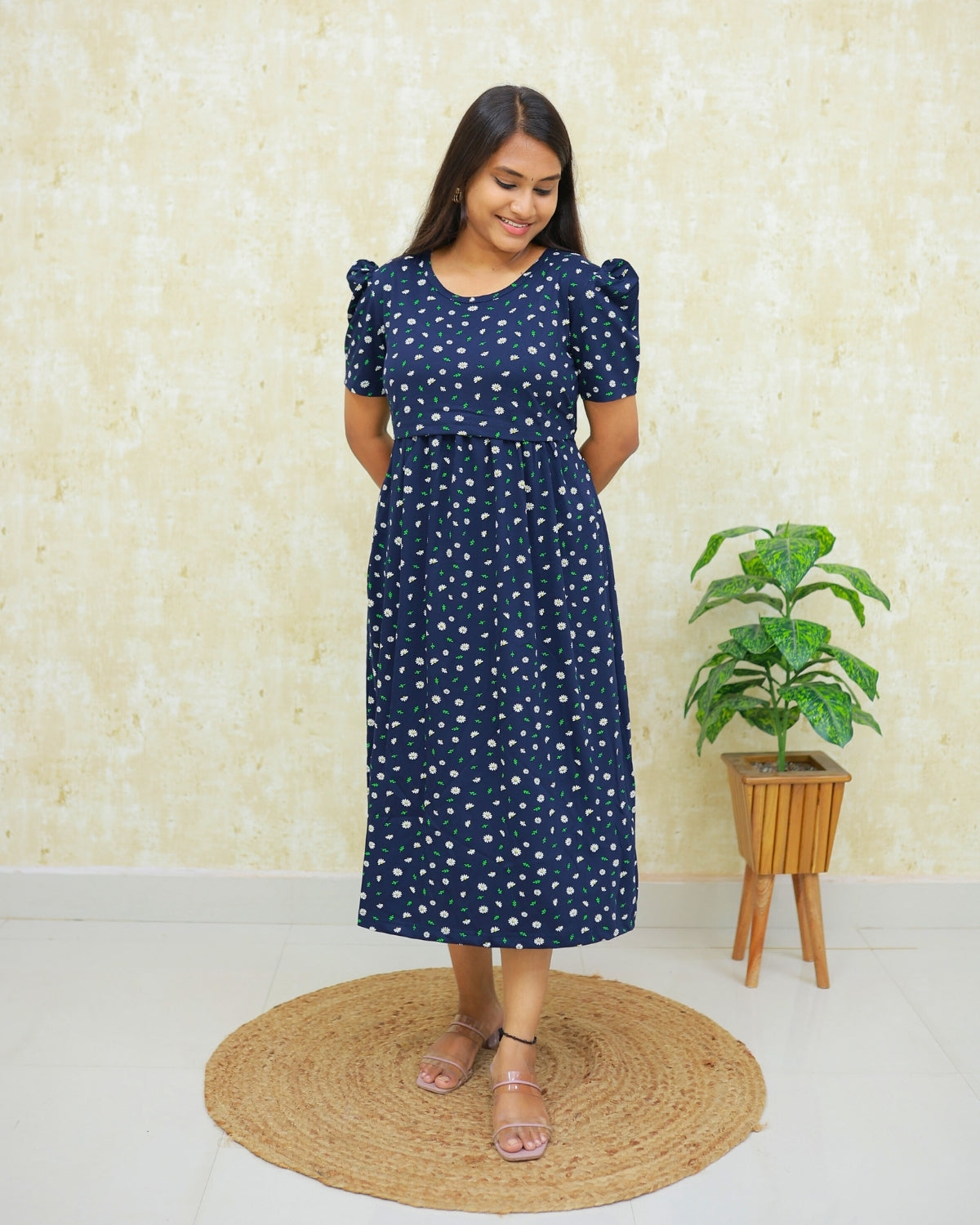 Navy Mist | Zipless Maternity Dress - Puff Sleeves | Calf Length