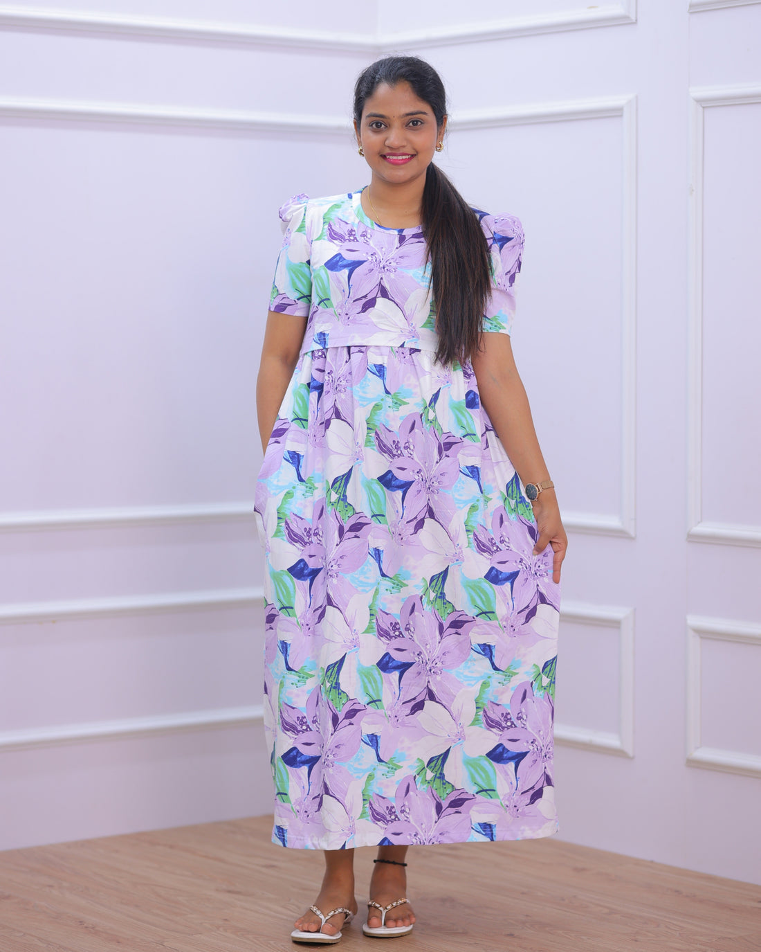 Yadvi | Zipless Maternity Dress - Puff Sleeves | Full Length