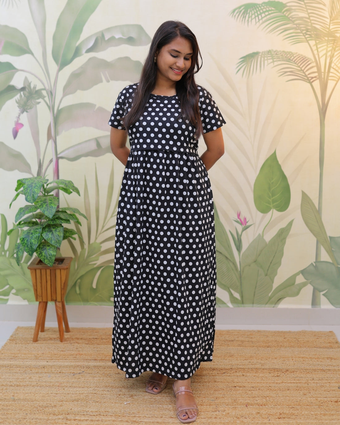 Black Dots | Zipless Maternity Dress - Normal Sleeves | Full Length Maxi