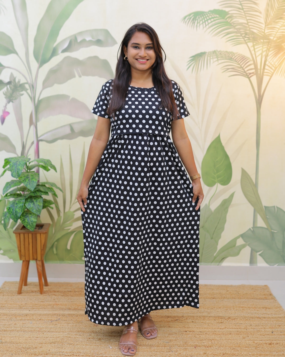 Black Dots | Zipless Maternity Dress - Normal Sleeves | Full Length Maxi