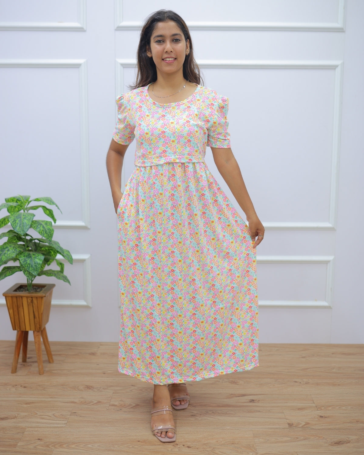 Jiya | Zipless Maternity Dress - Puff Sleeves | Full Length Maxi