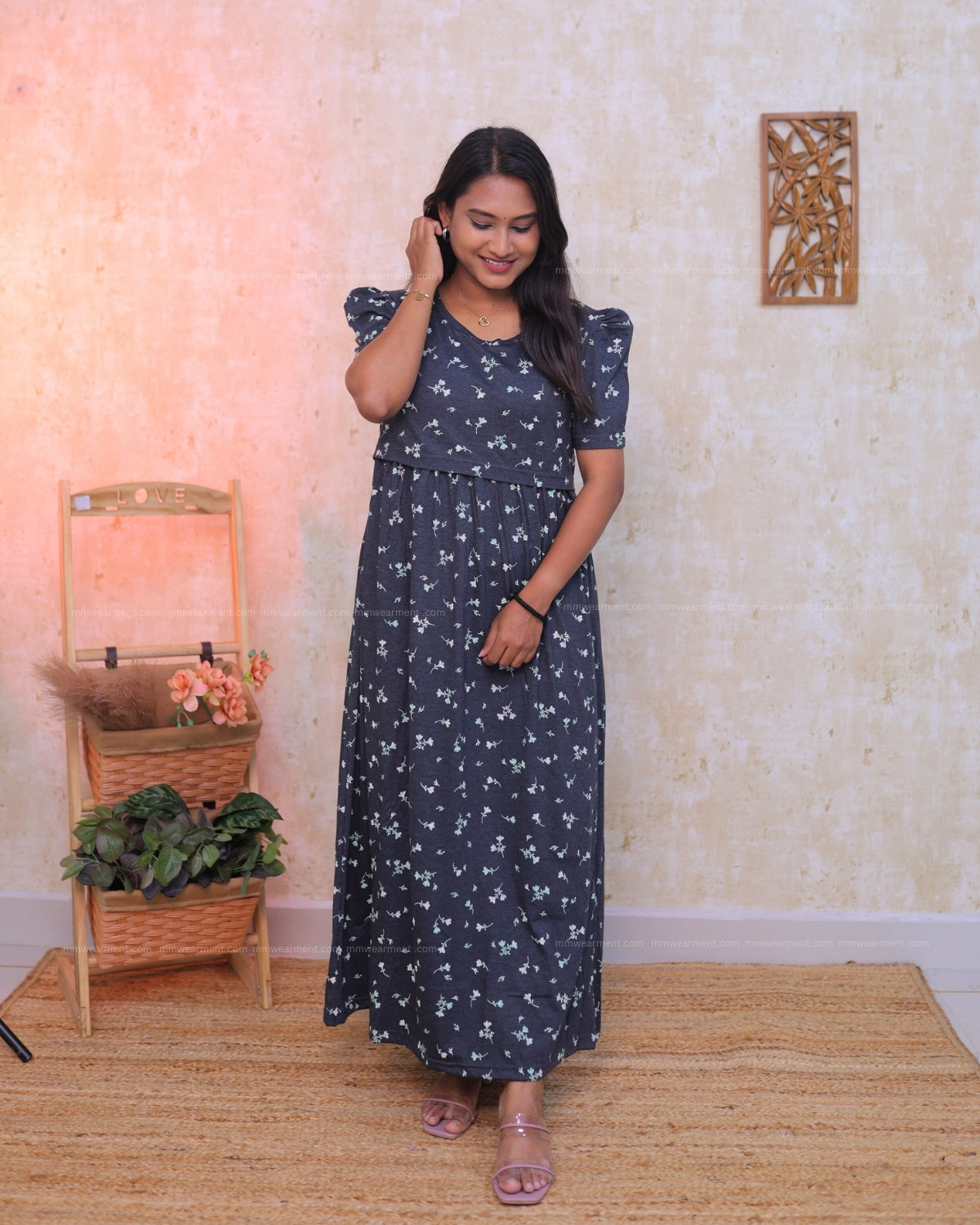 Burgeon | Zipless Maternity Dress - Puff Sleeves | Full Length Maxi