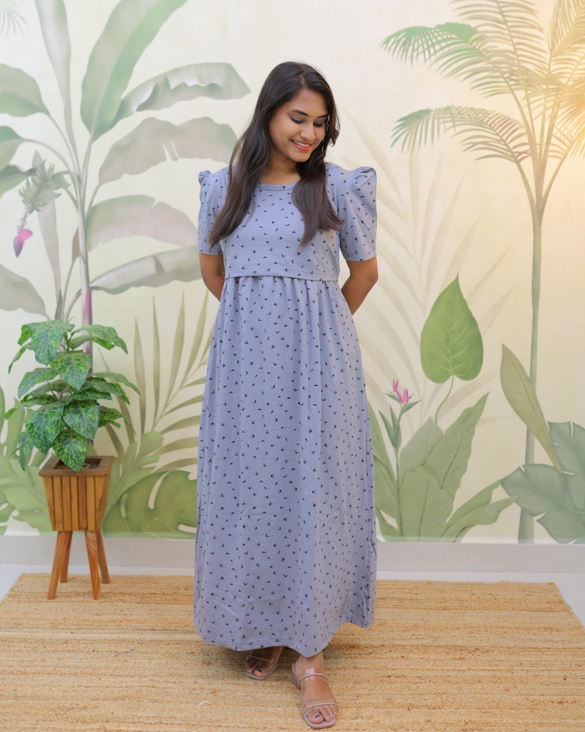 Veda | Zipless Maternity Dress - Puff Sleeves | Full Length Maxi