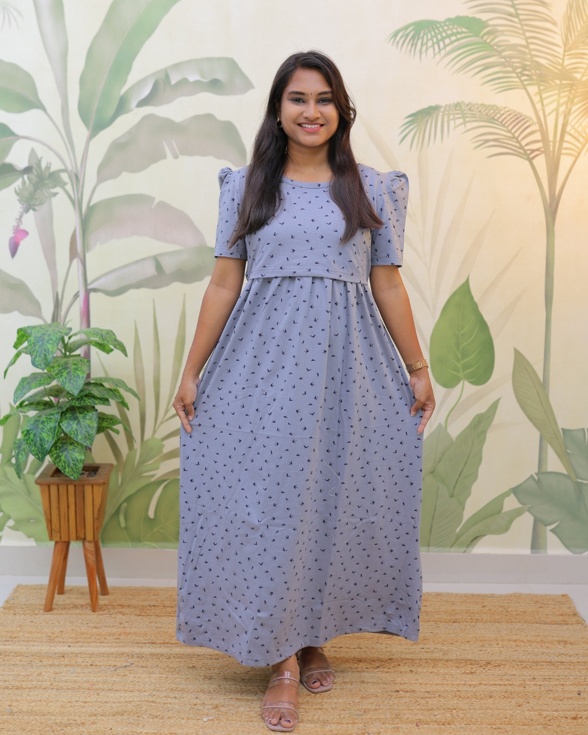 Veda | Zipless Maternity Dress - Puff Sleeves | Full Length Maxi