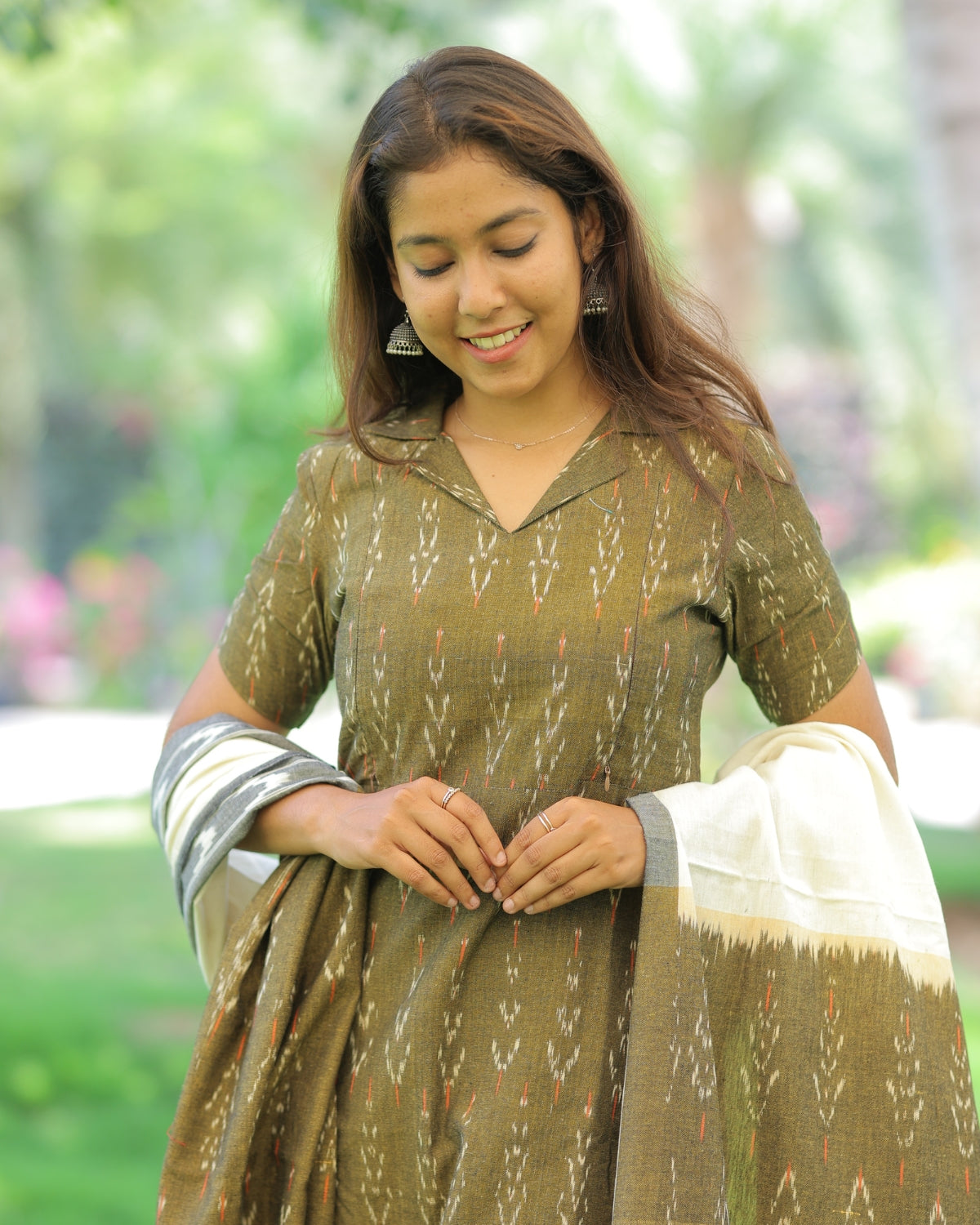 Khaki-Ikkat | Maternity Kurti with Lining [TOP + PANT + DUPATTA]