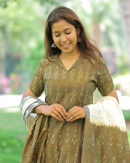 Khaki-Ikkat | Maternity Kurti with Lining [TOP + PANT + DUPATTA]
