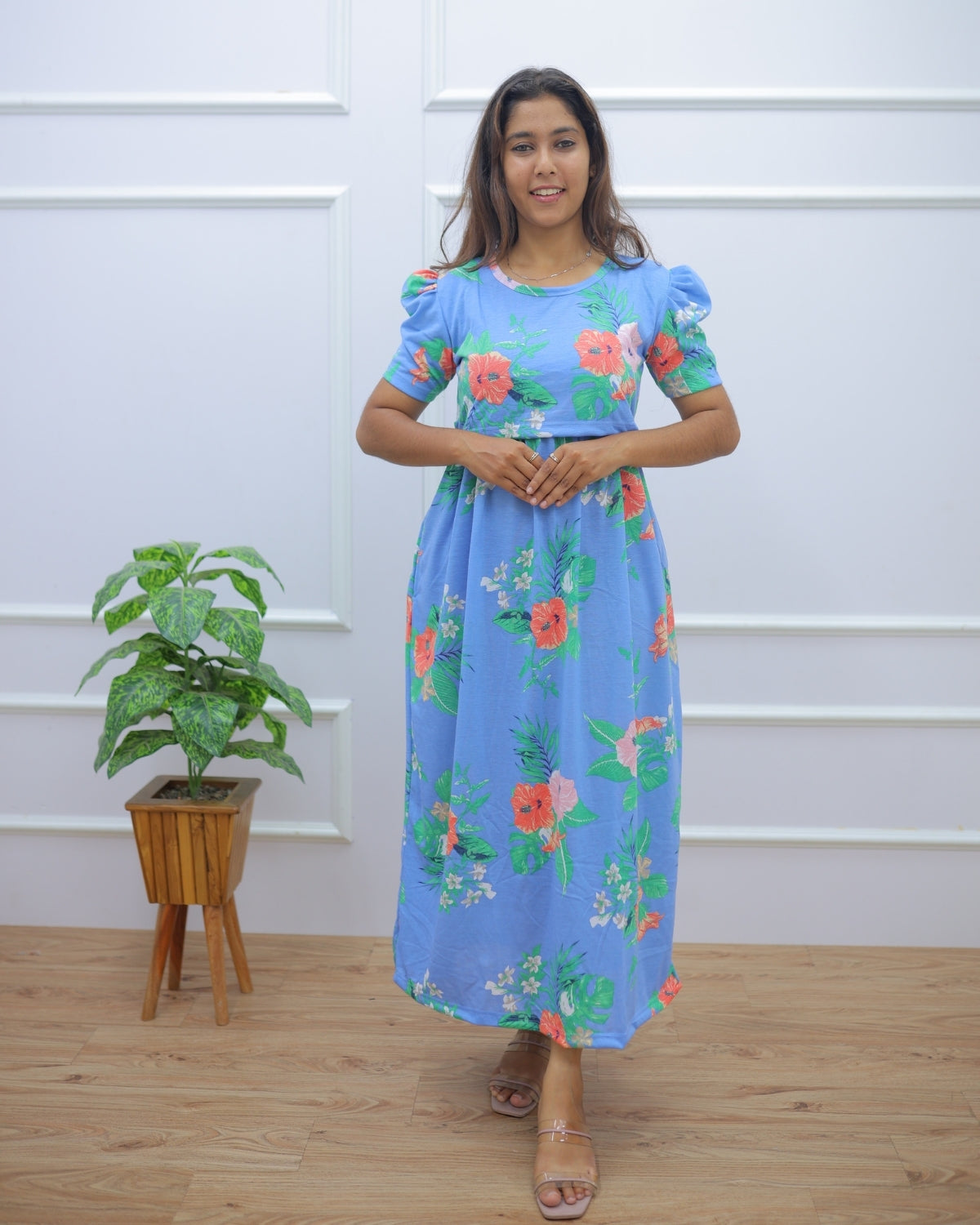 Kavya | Zipless Maternity Dress - Puff Sleeves | Full Length Maxi