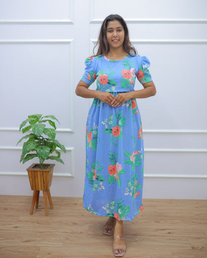Kavya | Zipless Maternity Dress - Puff Sleeves | Full Length Maxi