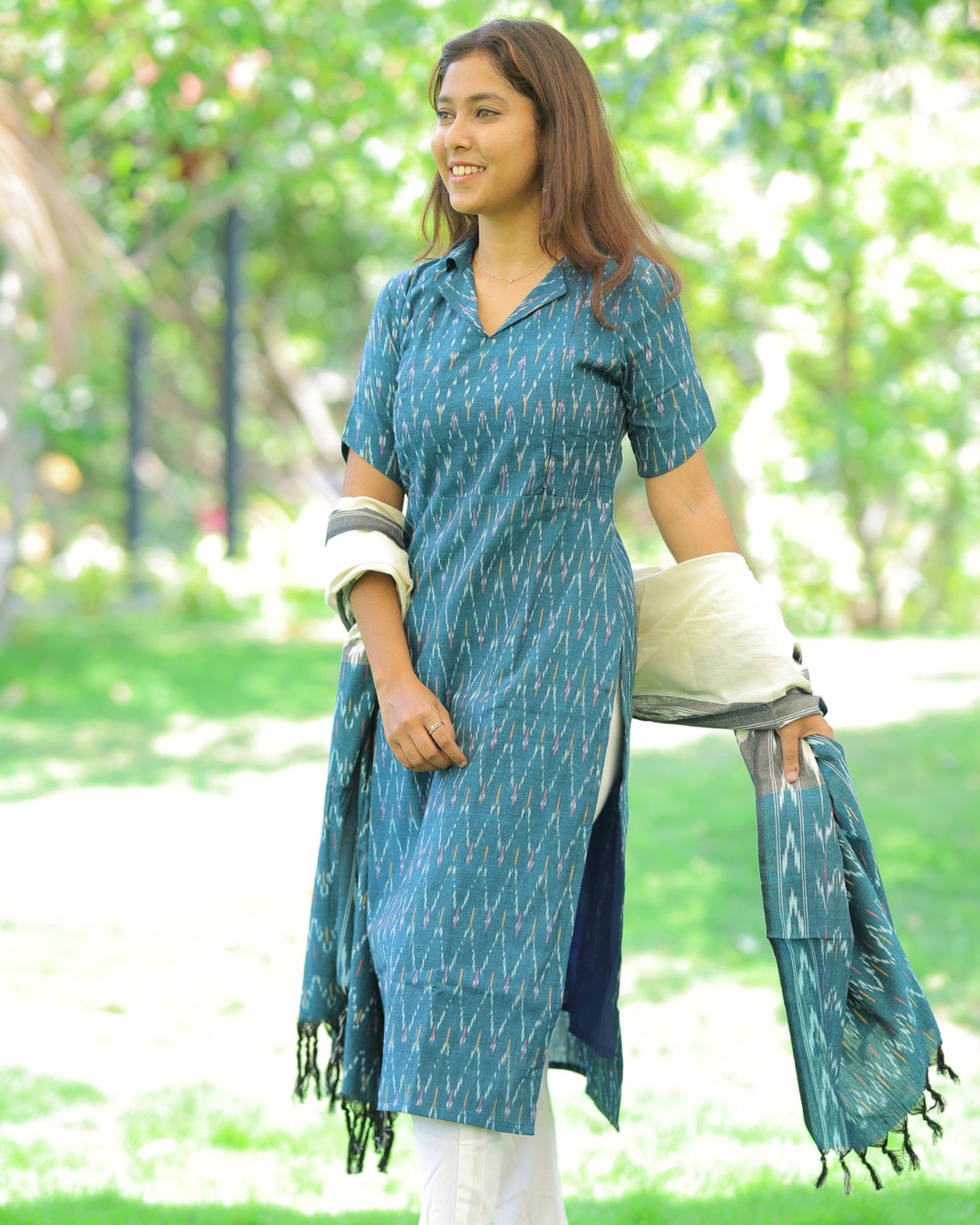 Teal-Ikkat | Maternity Kurti with Lining [TOP + PANT + DUPATTA]