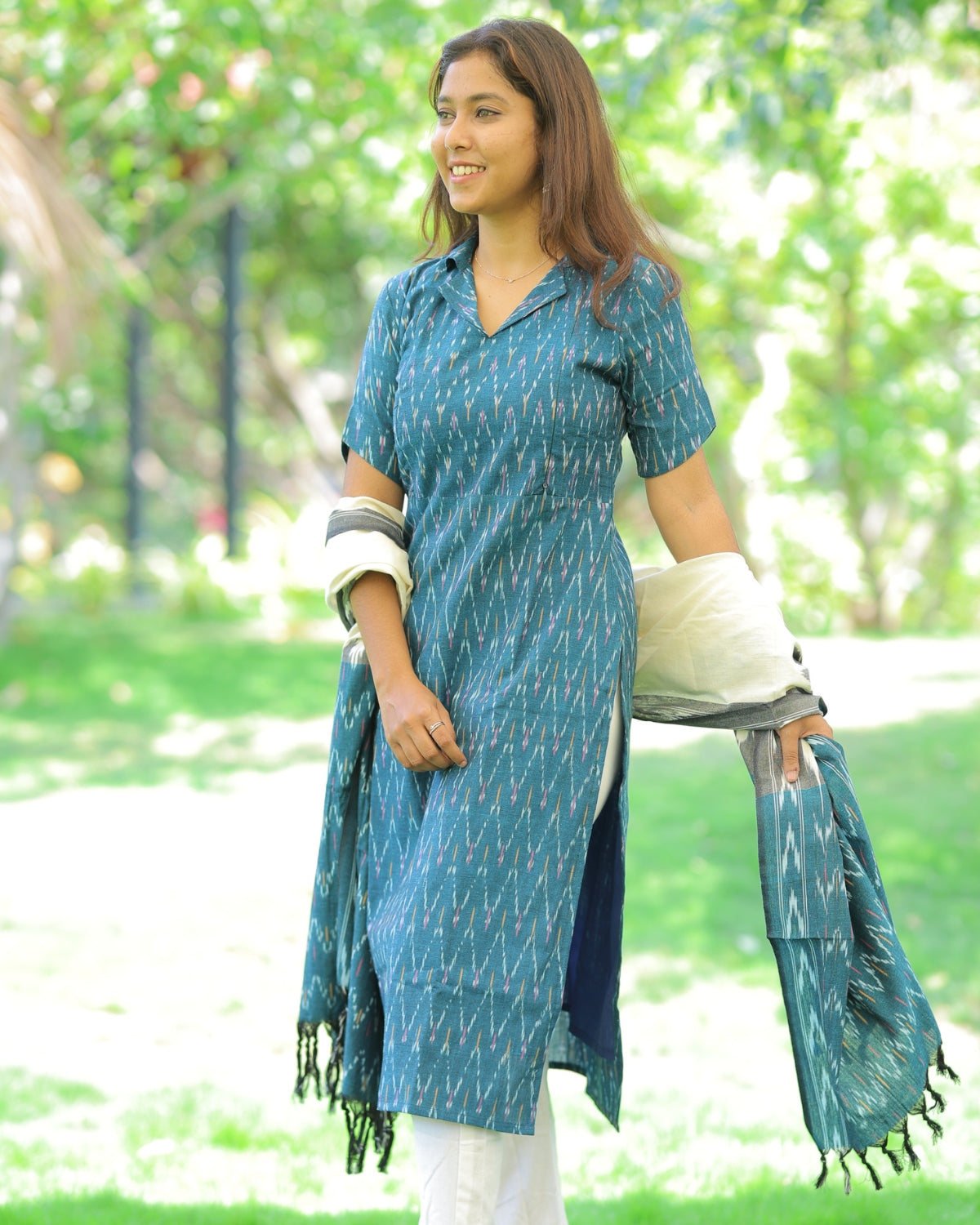 Teal-Ikkat | Maternity Kurti with Lining [TOP + PANT + DUPATTA]