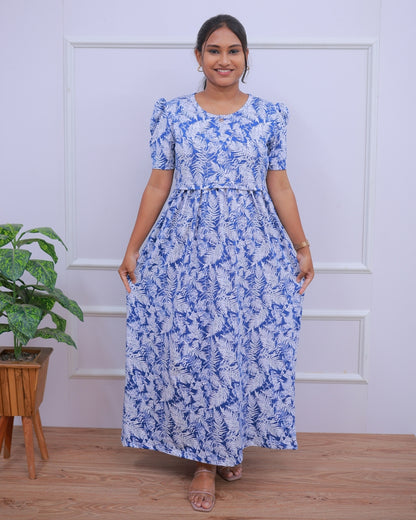Gayathri | Zipless Maternity Dress - Puff Sleeves | Full Length Maxi