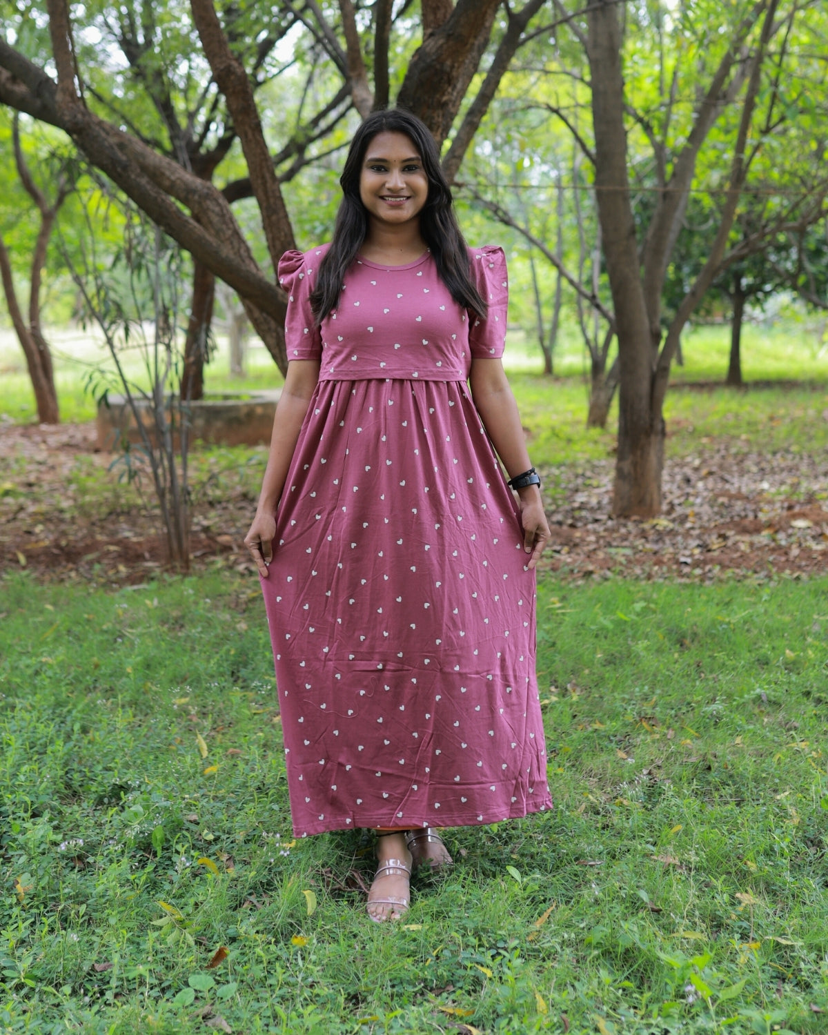 Luv  | Zipless Maternity Dress - Puff Sleeves | Full Length Maxi