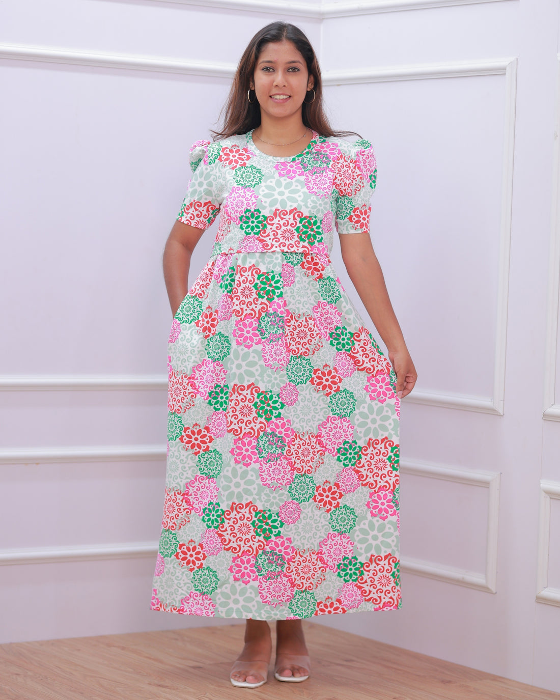 Aila | Zipless Maternity Dress - Puff Sleeves | Full Length