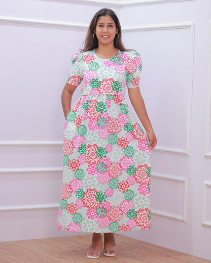 Aila | Zipless Maternity Dress - Puff Sleeves | Full Length