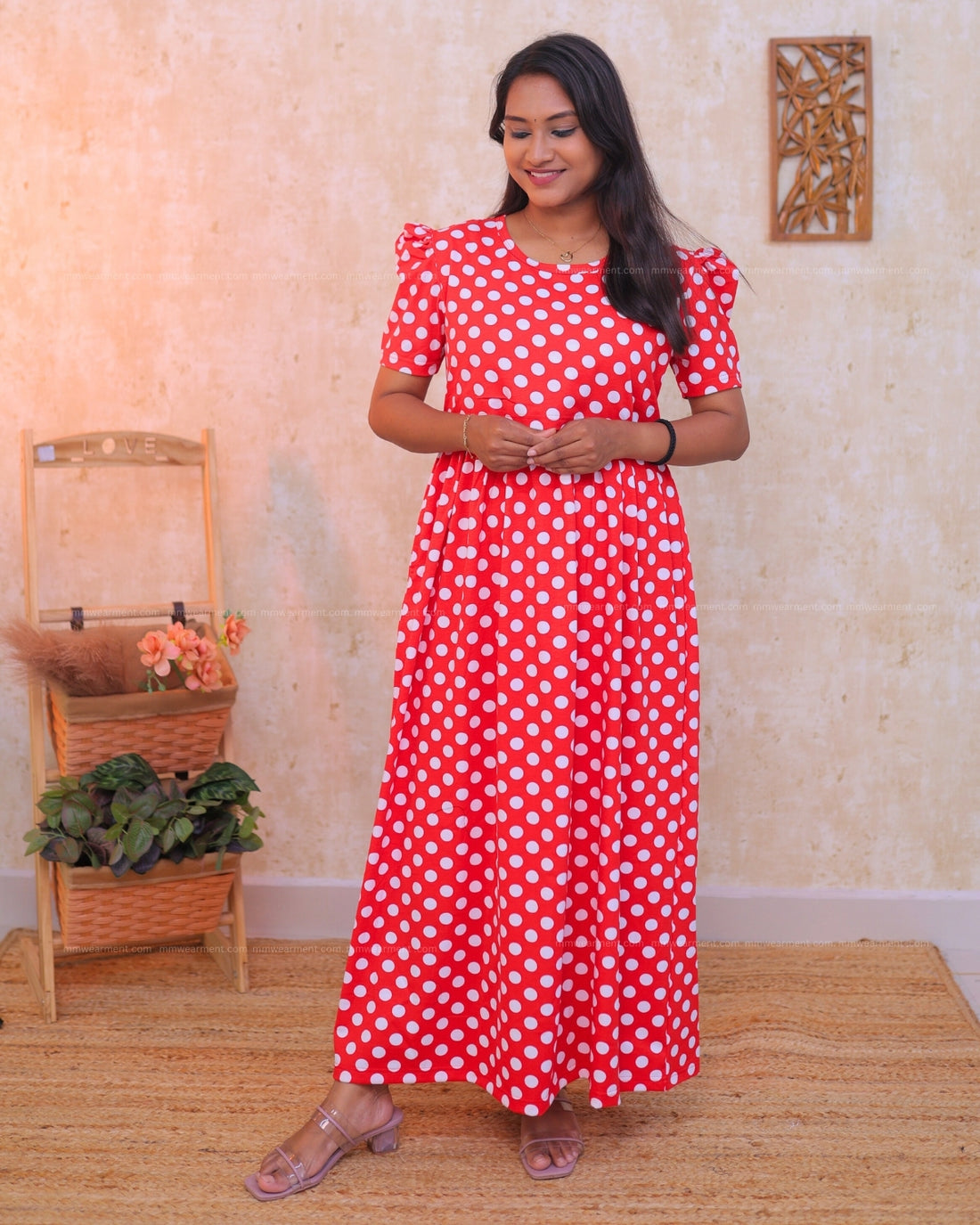 Polka | Zipless Maternity Dress - Puff Sleeves | Full Length Maxi