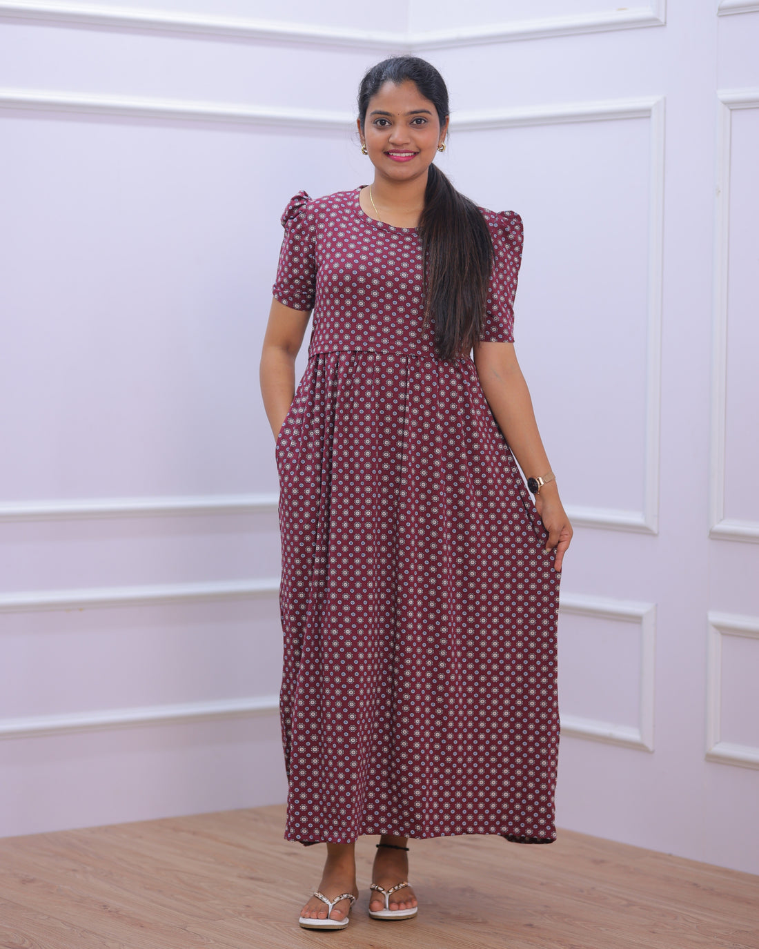 Neha | Zipless Maternity Dress - Puff Sleeves | Full Length