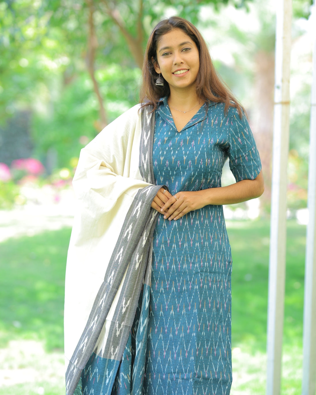 Teal-Ikkat | Maternity Kurti with Lining [TOP + PANT + DUPATTA]