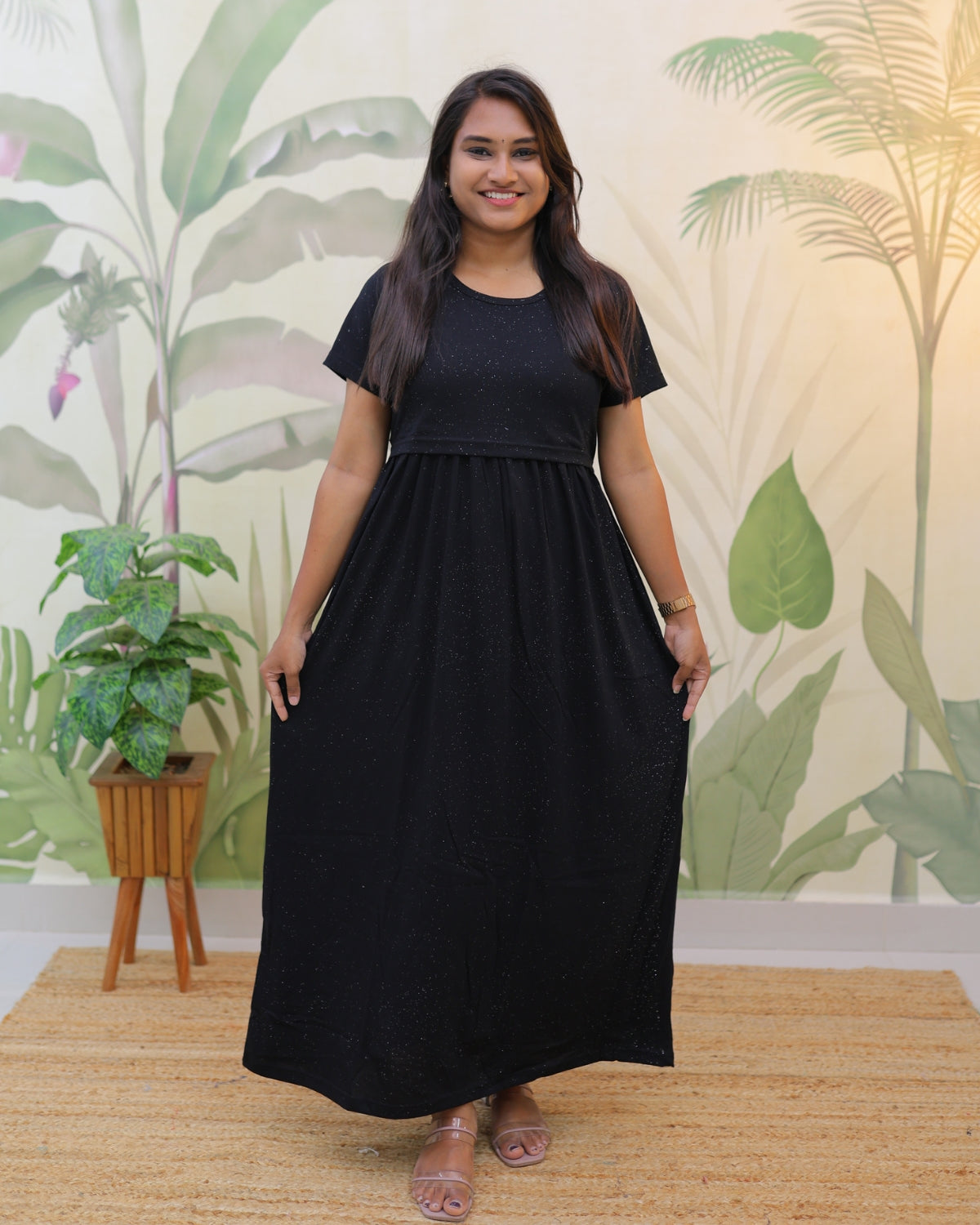 Glitter Black | Zipless Maternity Dress - Normal Sleeves | Full Length Maxi