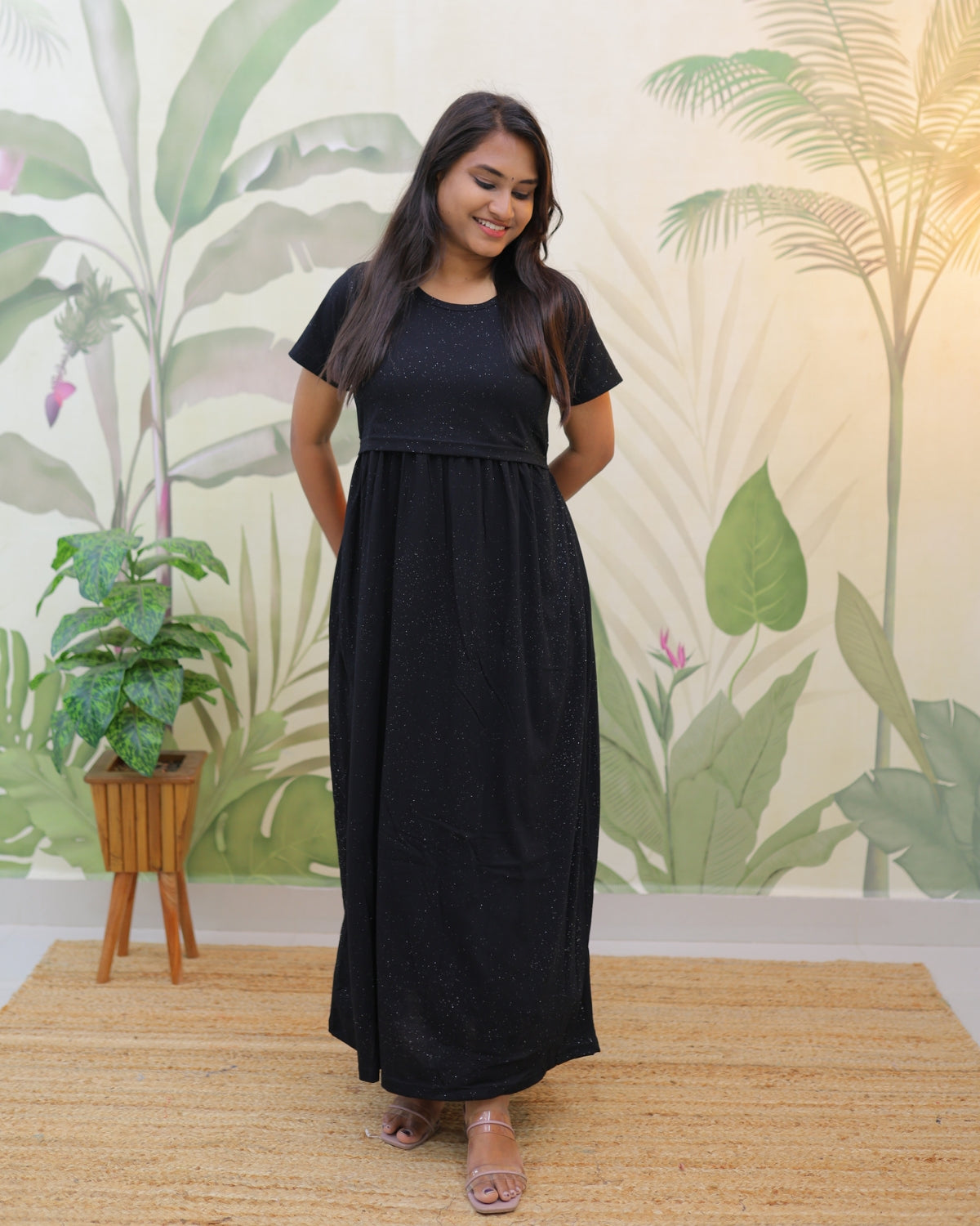 Glitter Black | Zipless Maternity Dress - Normal Sleeves | Full Length Maxi