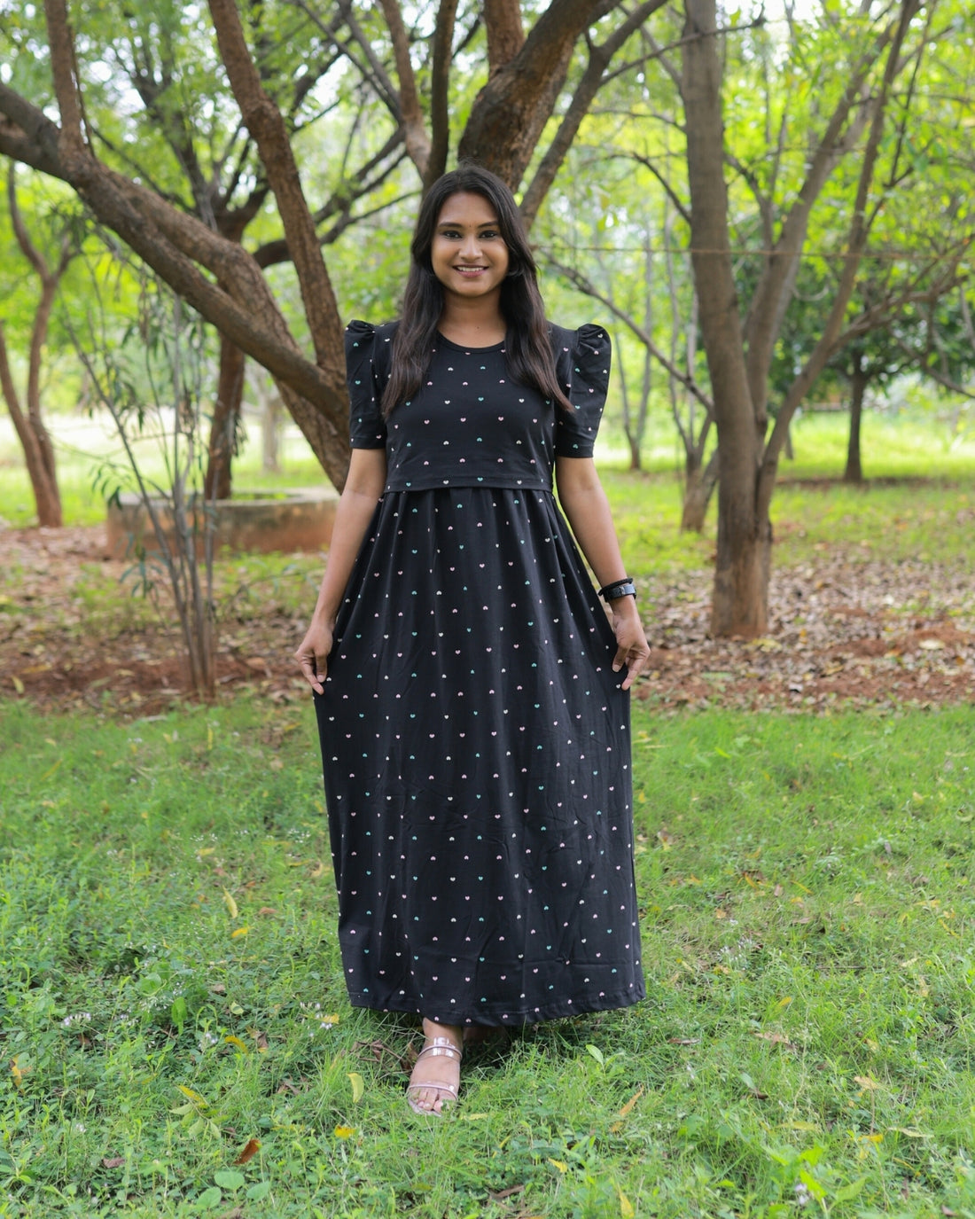 Gems  | Zipless Maternity Dress - Puff Sleeves | Full Length Maxi