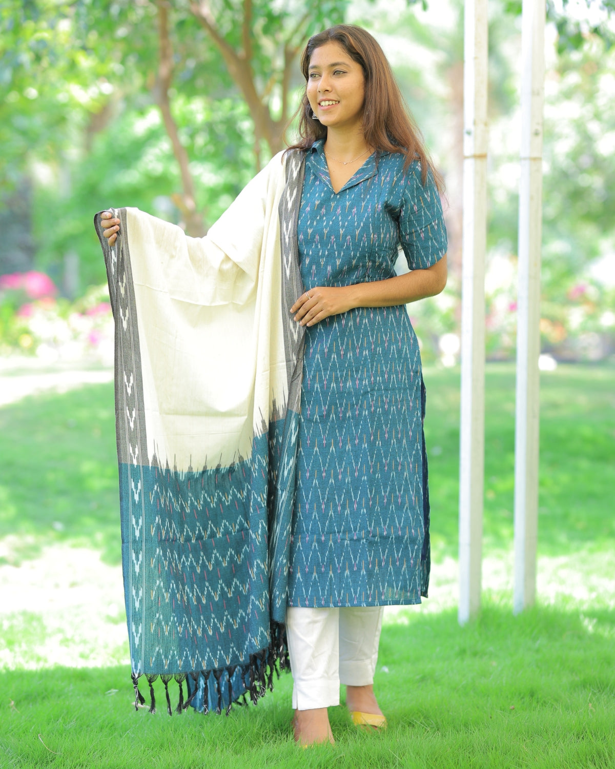 Teal-Ikkat | Maternity Kurti with Lining [TOP + PANT + DUPATTA]