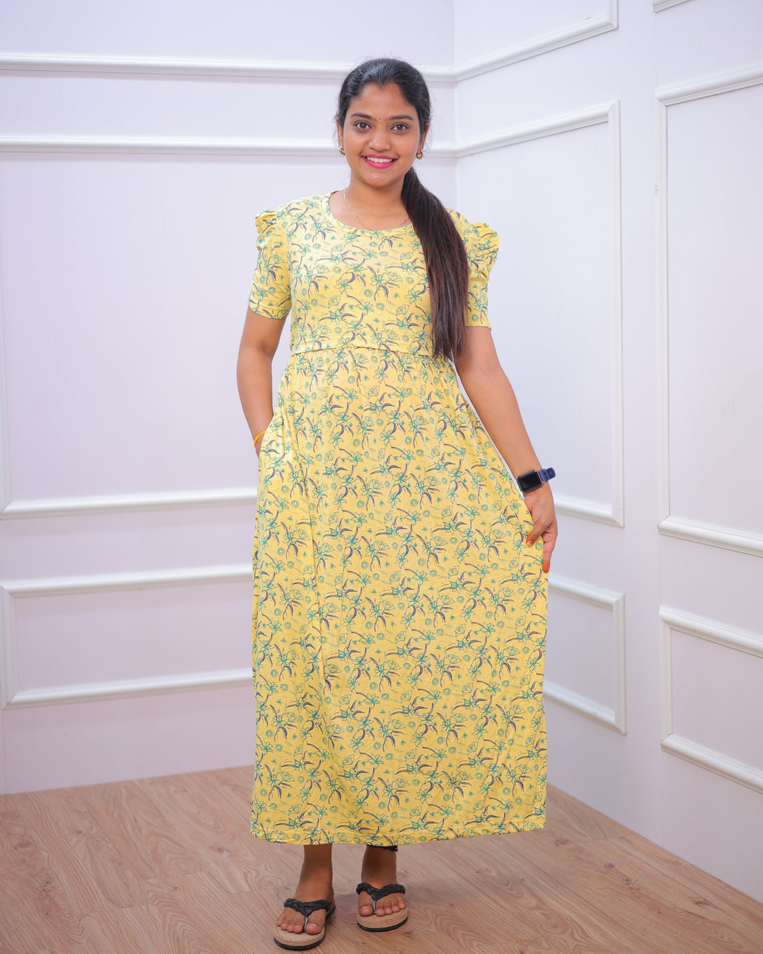 Ritika | Zipless Maternity Dress - Puff Sleeves | Full Length