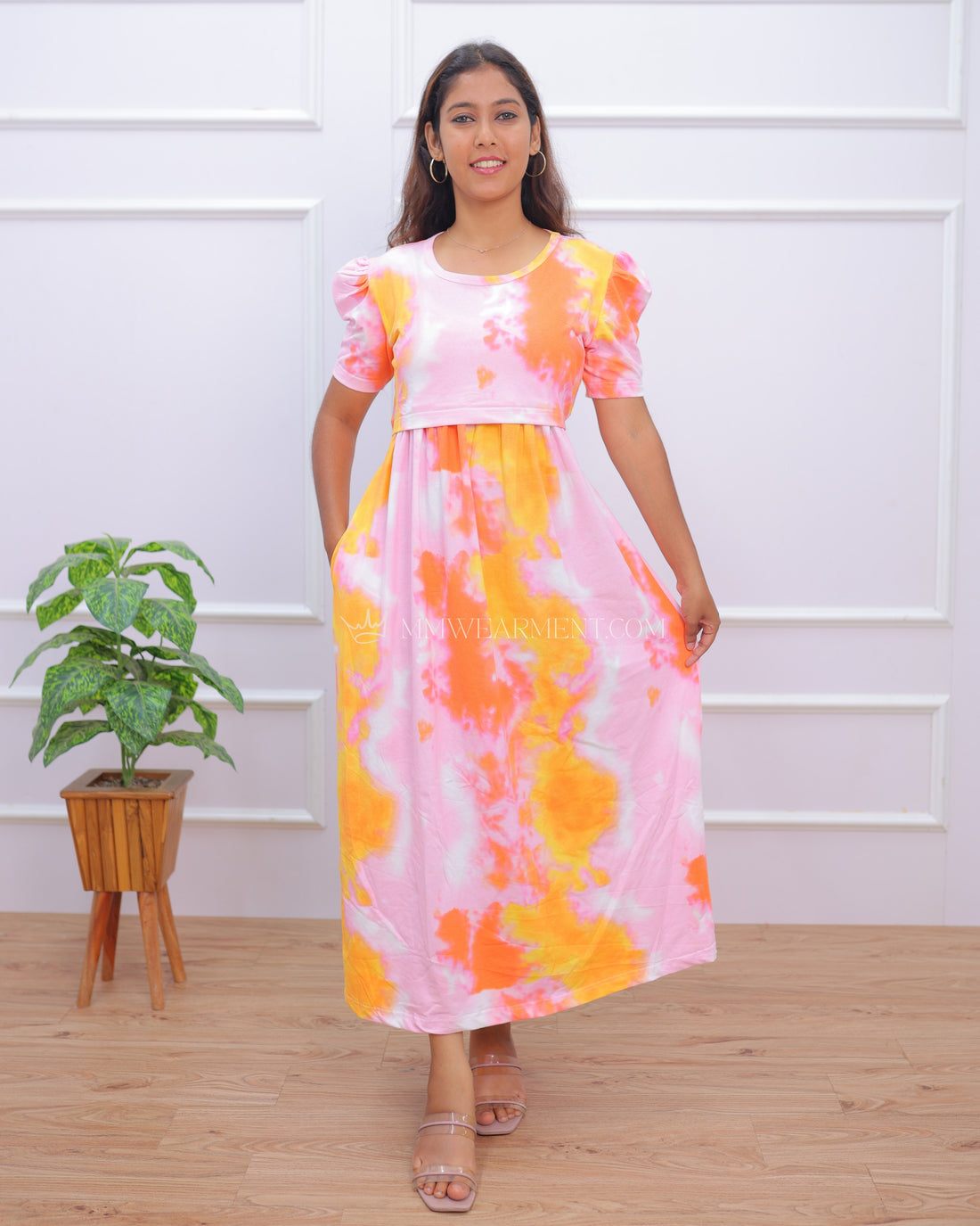 Maaza | Zipless Maternity Dress - Puff Sleeves | Full Length Maxi