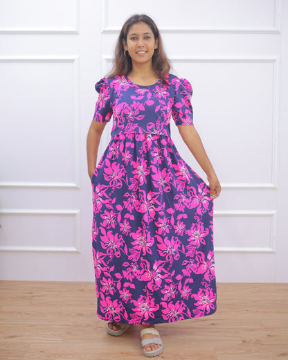 Mina | Zipless Maternity Dress - Puff Sleeves | Full Length - Only M Size