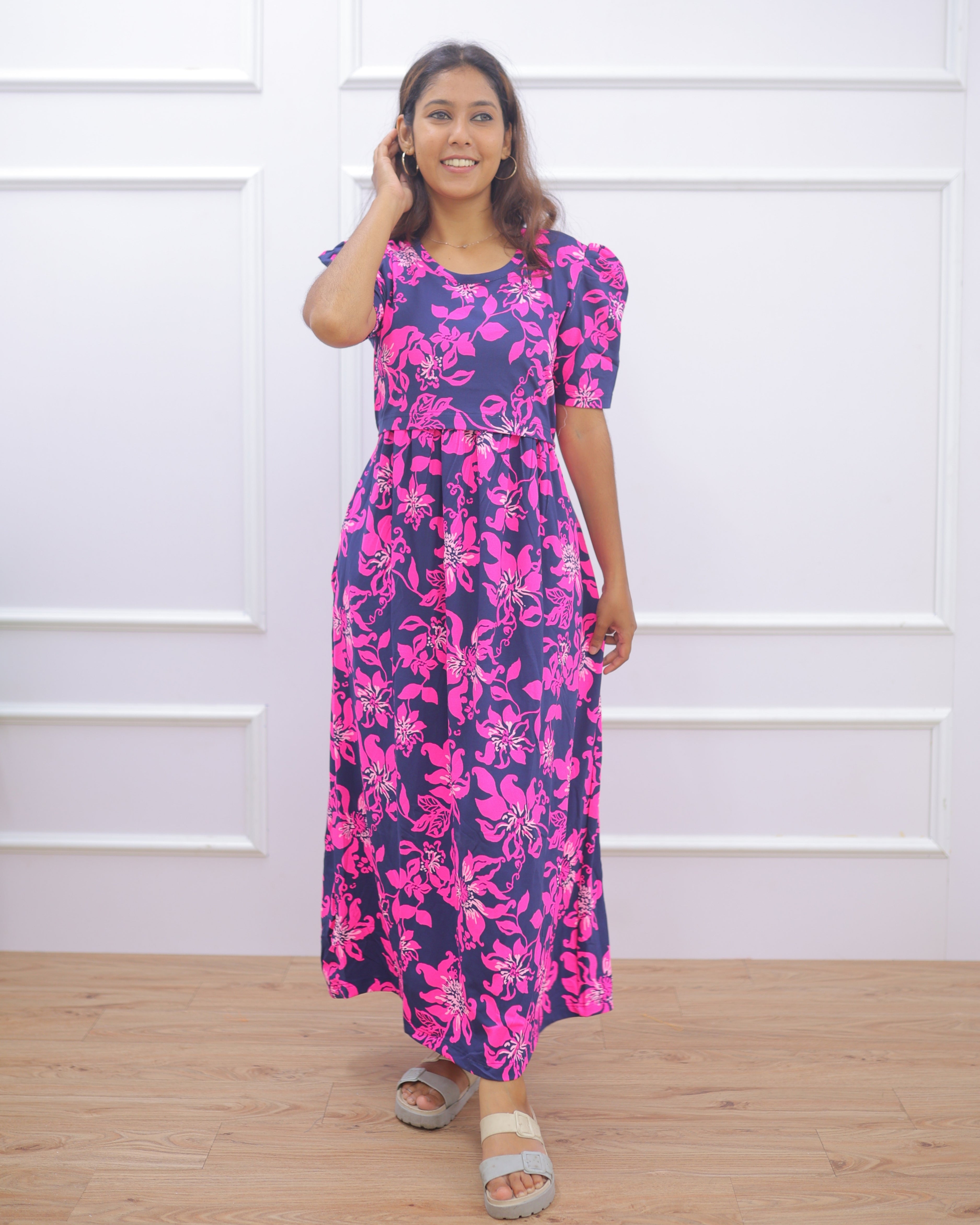 Mina | Zipless Maternity Dress - Puff Sleeves | Full Length - Only M Size