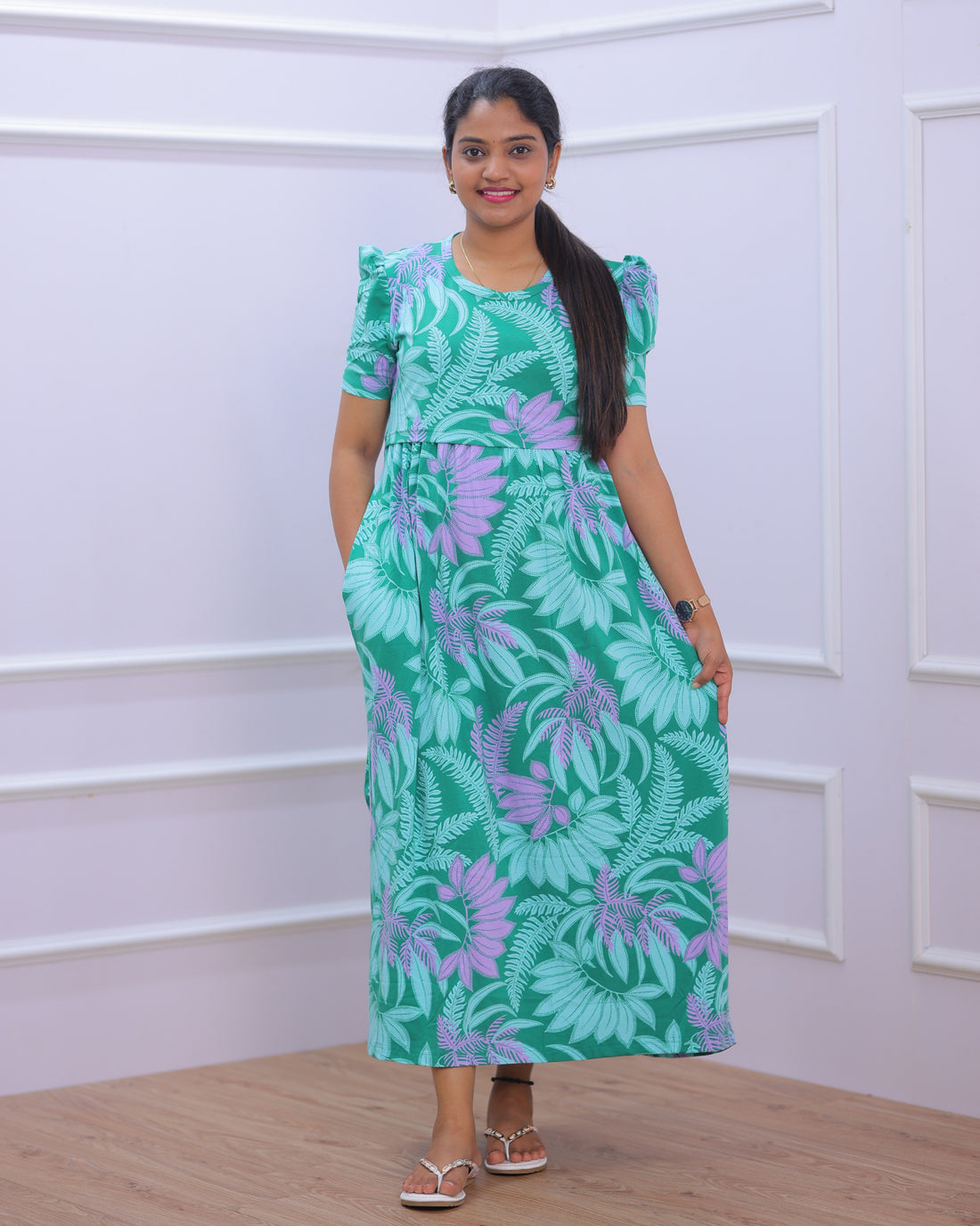 Dhiya | Zipless Maternity Dress - Puff Sleeves | Full Length