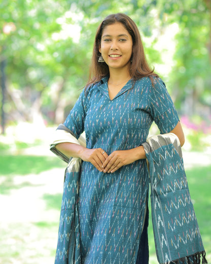 Teal-Ikkat | Maternity Kurti with Lining [TOP + PANT + DUPATTA]