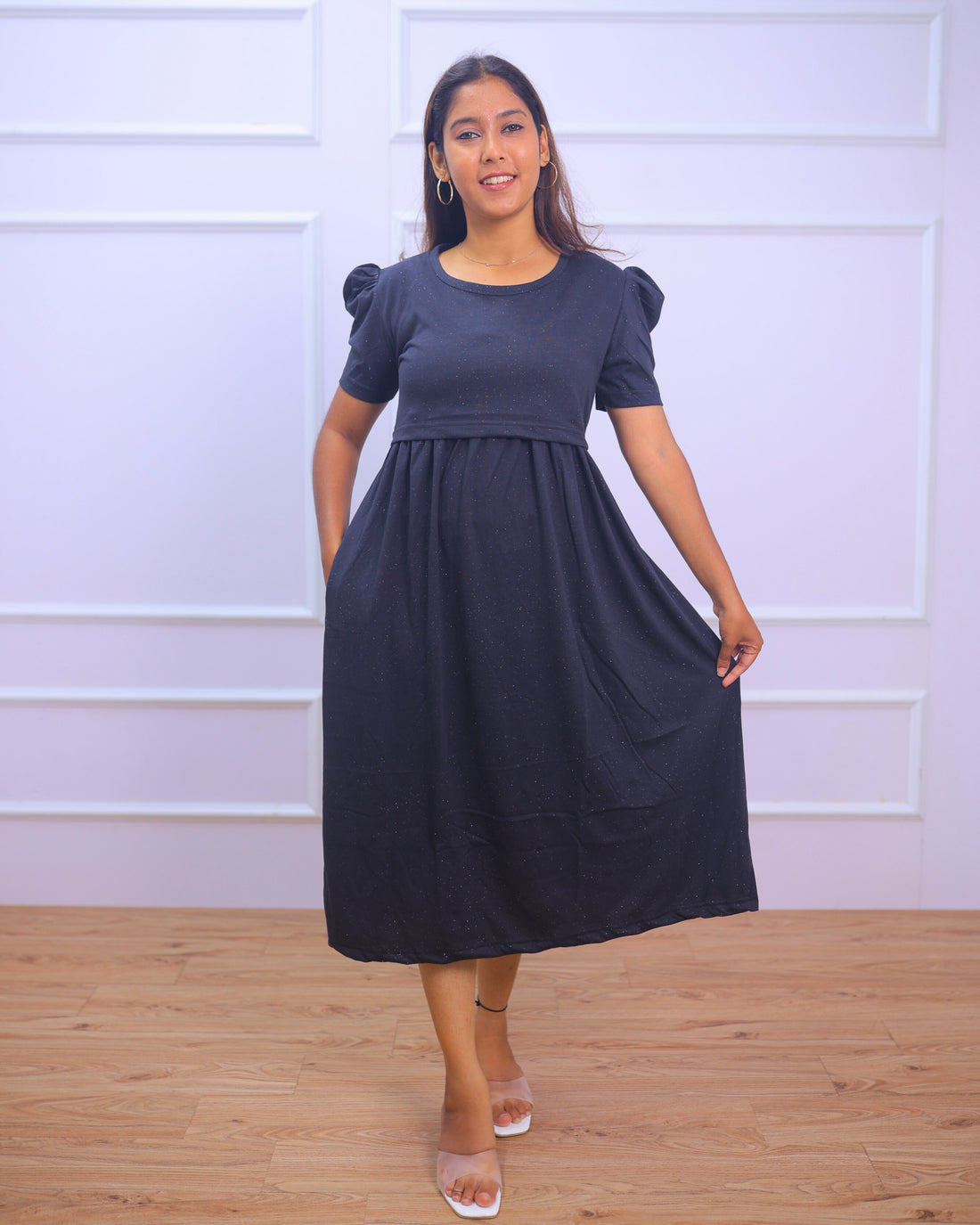 Glitter Black | Zipless Maternity Dress - Puff Sleeves | Calf Length