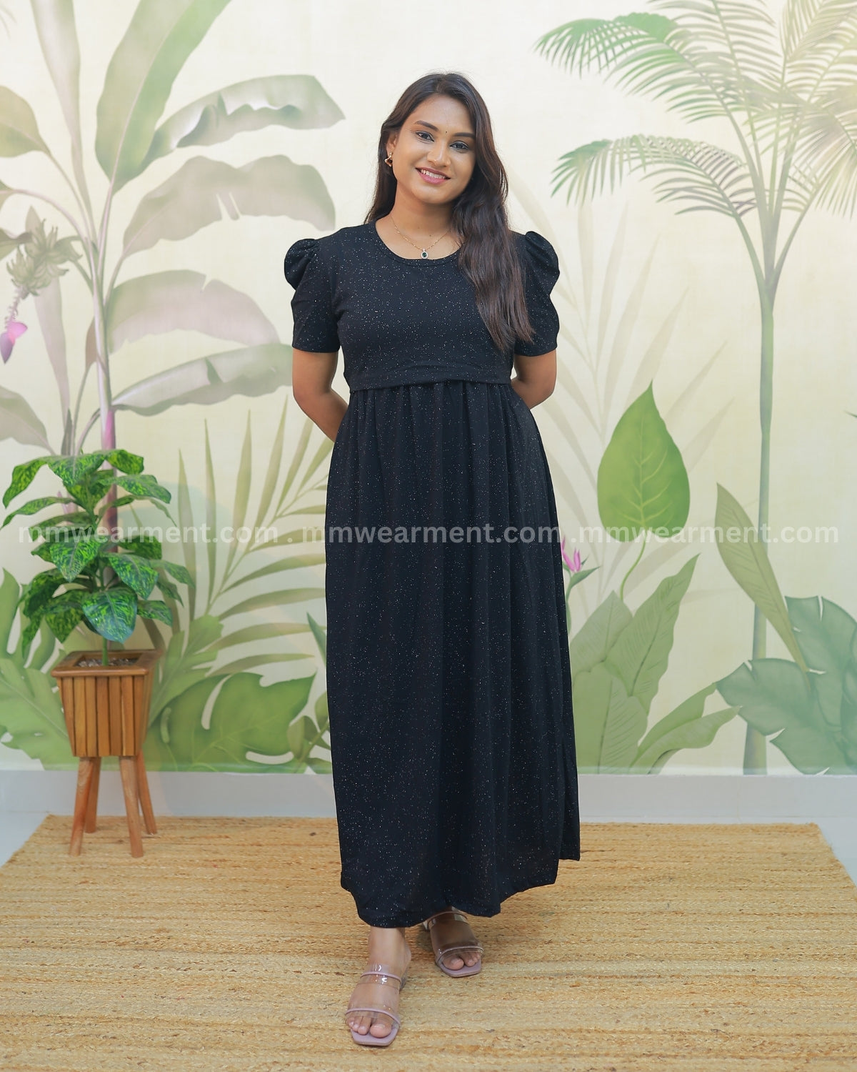 Glitter Black | Zipless Maternity Dress - Puff Sleeves | Full Length Maxi