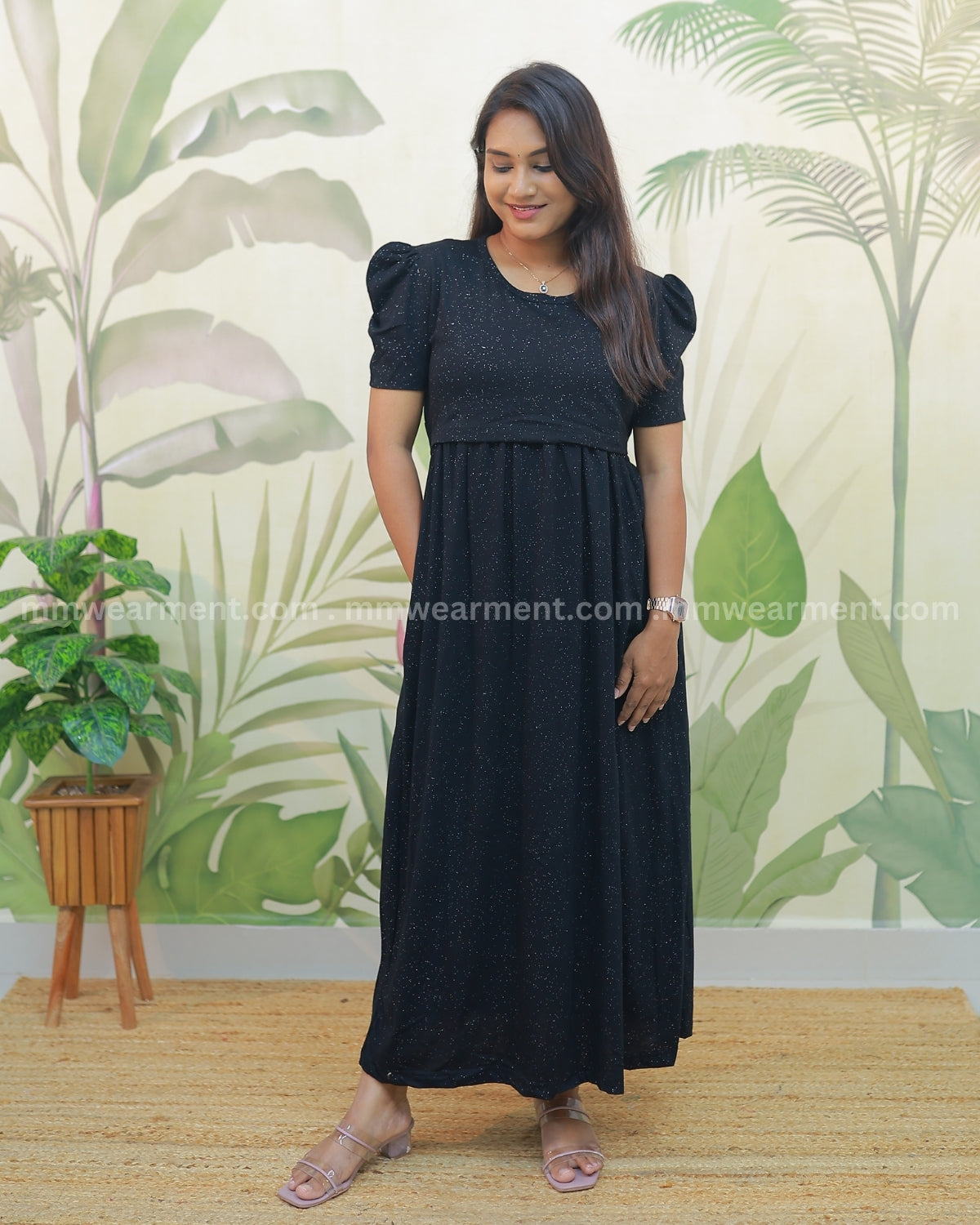 Glitter Black | Zipless Maternity Dress - Puff Sleeves | Full Length Maxi