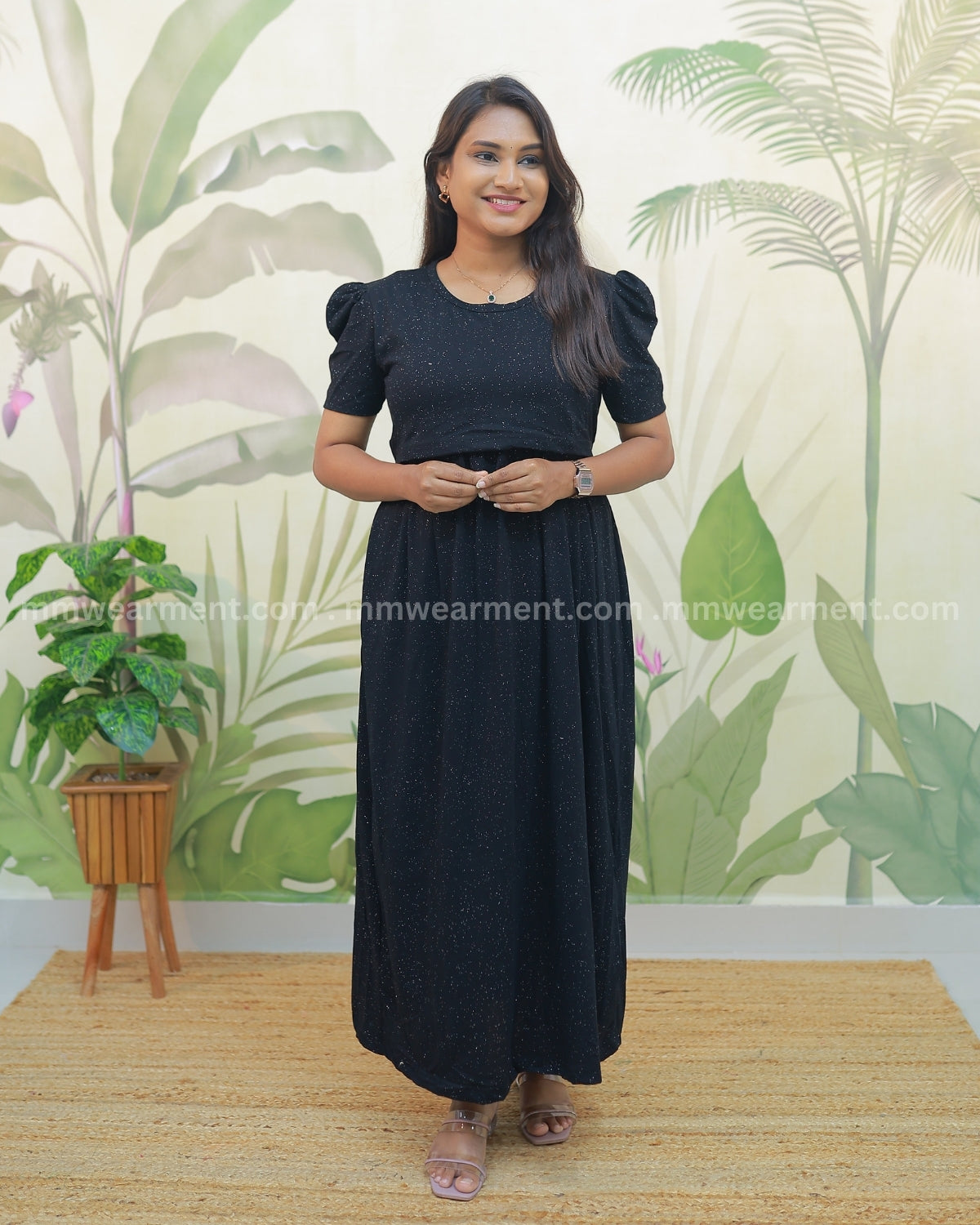 Glitter Black | Zipless Maternity Dress - Puff Sleeves | Full Length Maxi