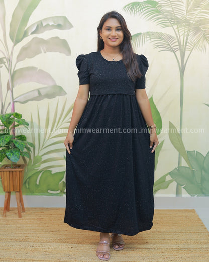 Glitter Black | Zipless Maternity Dress - Puff Sleeves | Full Length Maxi