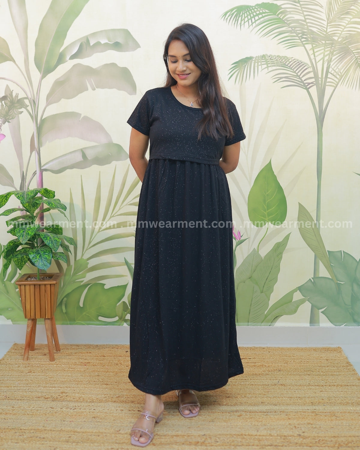 Glitter Black | Zipless Maternity Dress - Normal Sleeves | Full Length Maxi