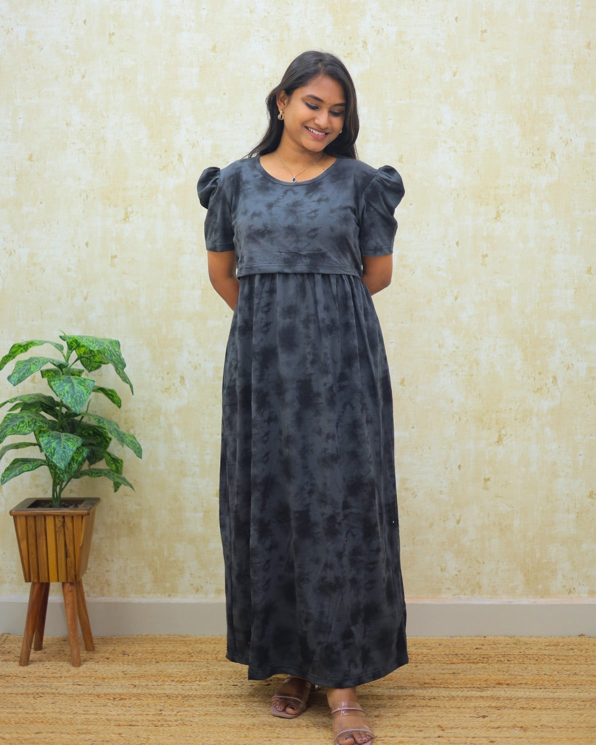 Twisha | Zipless Maternity Dress - Puff Sleeves | Full Length Maxi