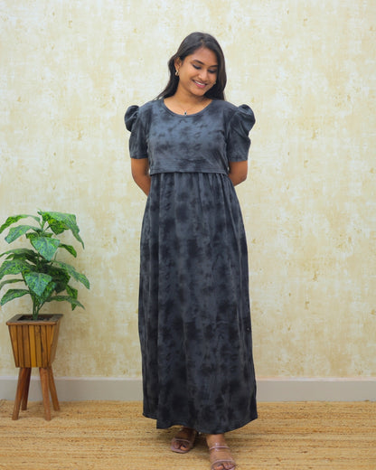 Twisha | Zipless Maternity Dress - Puff Sleeves | Full Length Maxi