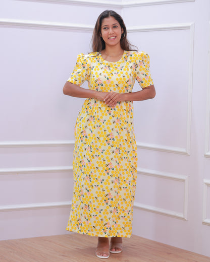 Mila | Zipless Maternity Dress - Puff Sleeves | Full Length