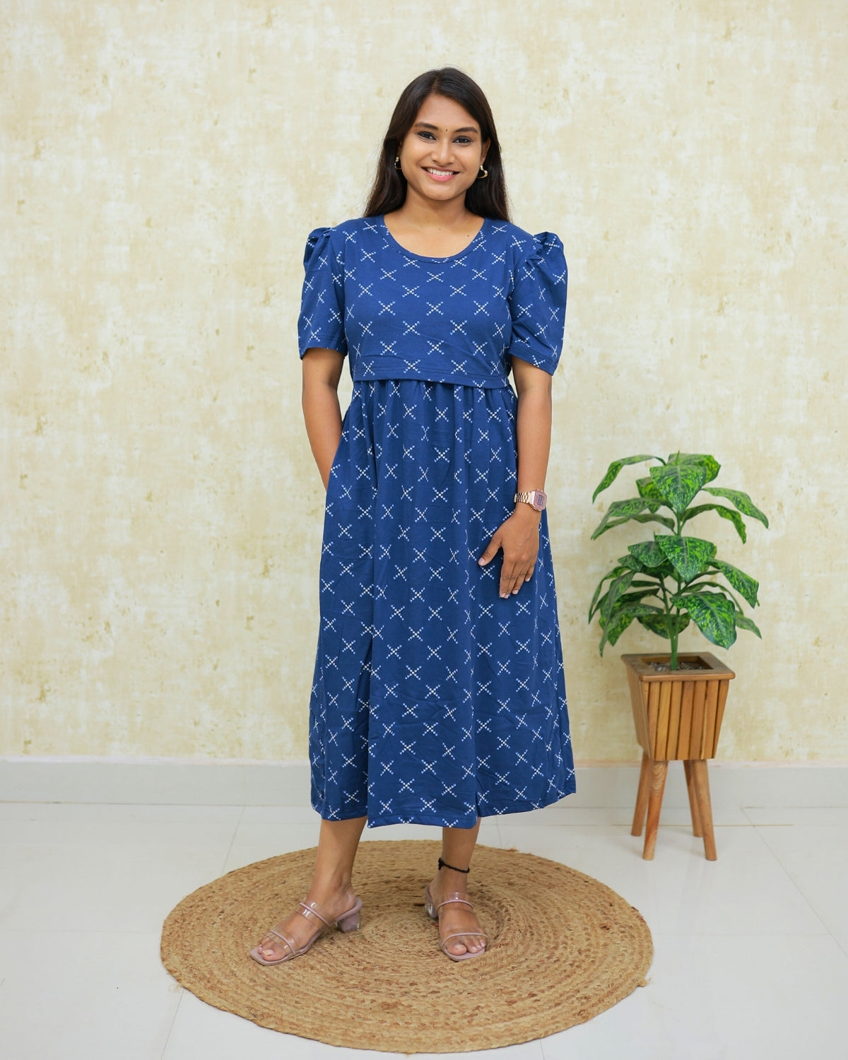 Navy Cross | Zipless Maternity Dress - Puff Sleeves | Calf Length