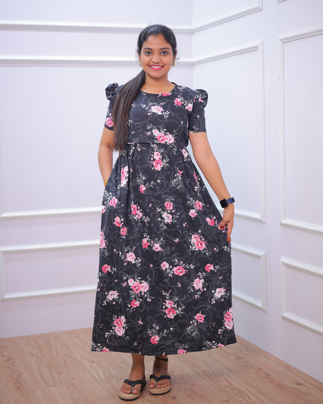 Samaira | Zipless Maternity Dress - Puff Sleeves | Full Length