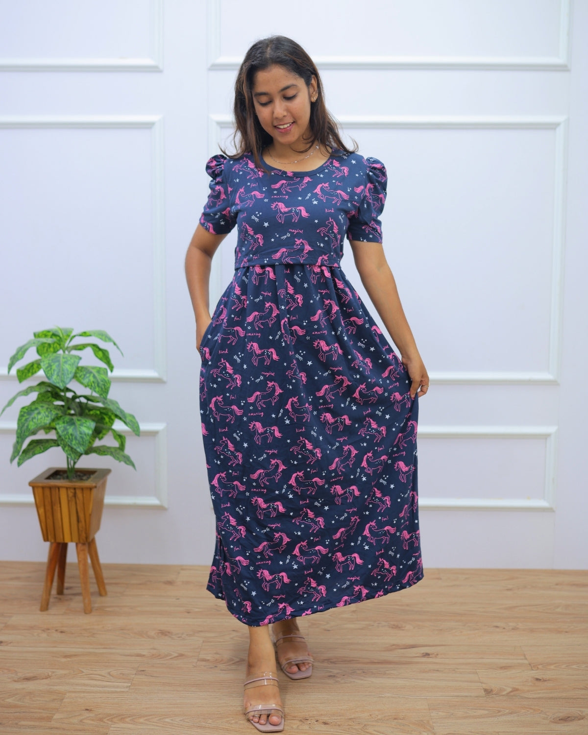Unicorn | Zipless Maternity Dress - Puff Sleeves | Full Length Maxi