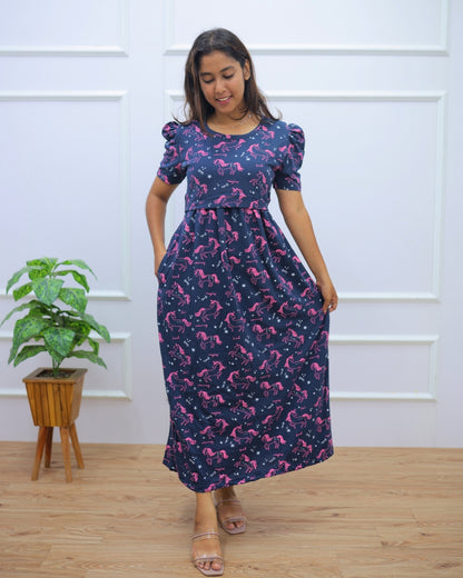 Unicorn | Zipless Maternity Dress - Puff Sleeves | Full Length Maxi